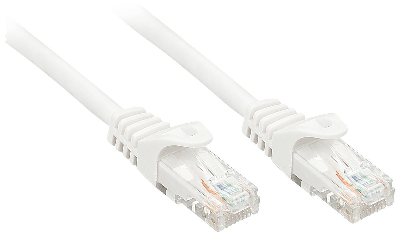 Zwei weiße Ethernet-Kabel mit transparenten Steckern nebeneinander, geeignet für Netzwerkanbindungen.