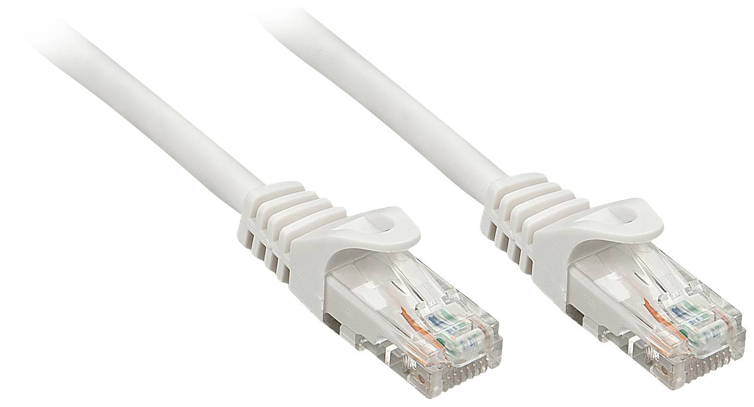 Zwei weiße Ethernet-Kabel mit transparenten RJ45-Steckern, die Netzwerke verbinden.