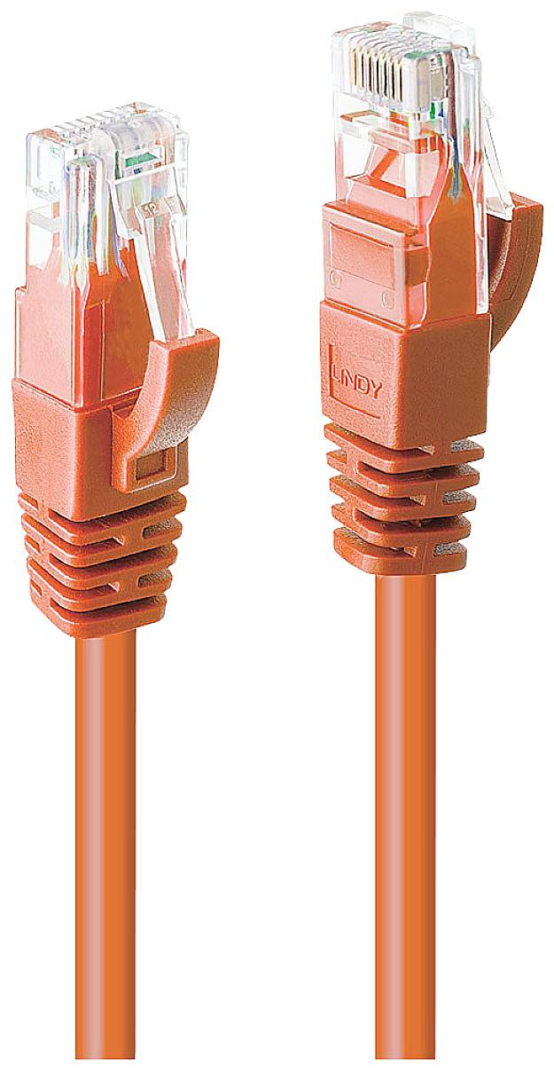 Zwei orange Ethernet-Kabel mit RJ45-Steckern, eines vertikal und das andere horizontal positioniert.