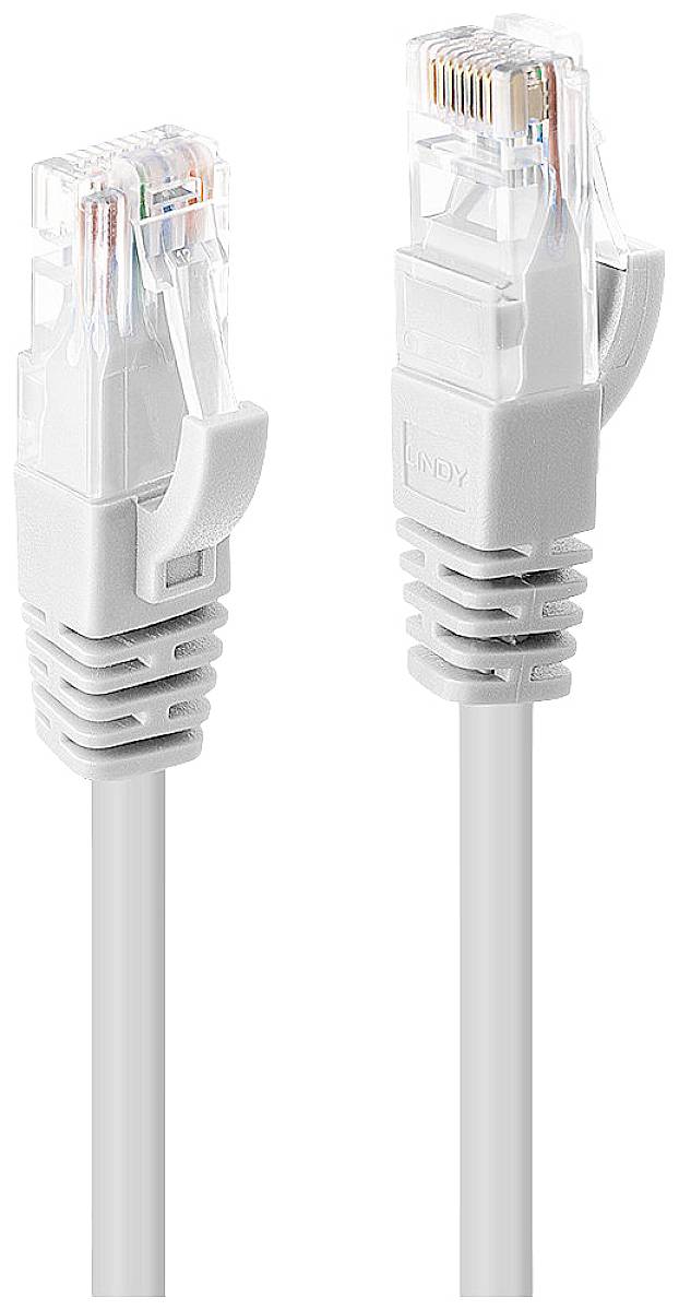 Zwei weiße Ethernet-Kabelanschlüsse, nebeneinander liegend, zeigen die Anschlussstifte und den Verriegelungsmechanismus auf weißem Hintergrund.