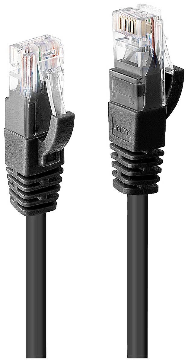 Zwei schwarze Ethernet-Kabel mit geschützten RJ45-Steckern in Nahaufnahme. Sie sind für Netzwerkverbindungen gedacht.