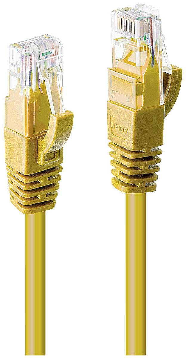 Gelbes Ethernet-Kabel mit zwei transparenten RJ-45-Steckern an den Enden für Netzwerkverbindungen.
