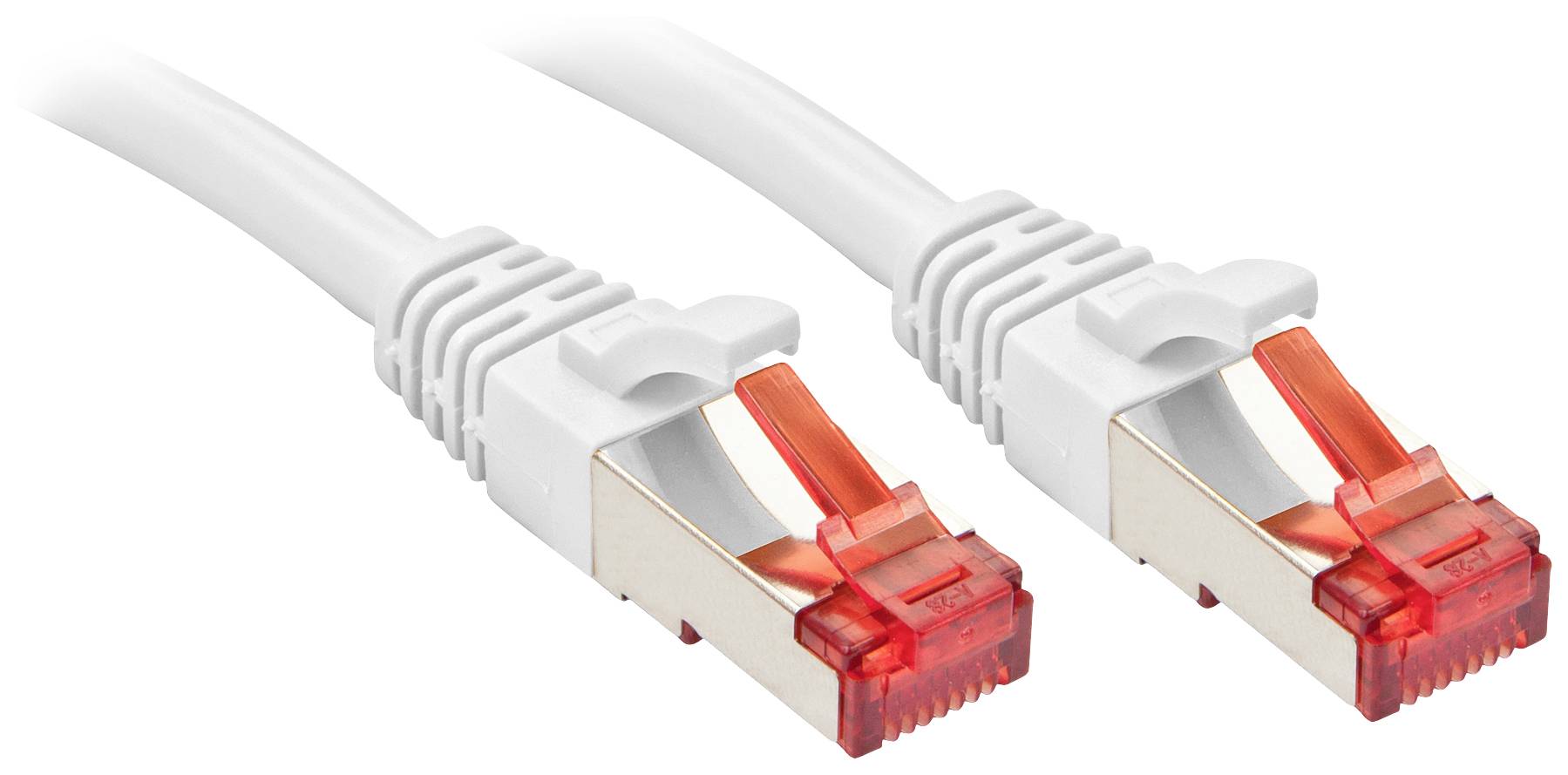 Zwei weiße Netzwerkkabel mit roten Steckern auf weißem Hintergrund. Sie sind Cat 6a Kabel, bekannt für hohe Geschwindigkeit und geringe Störungen.
