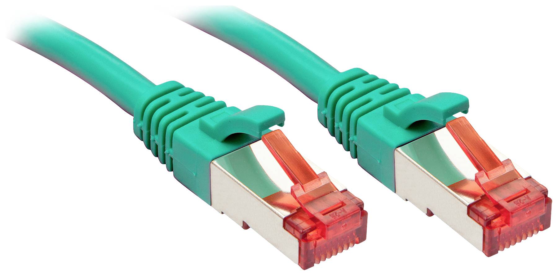 Zwei grüne Ethernet-Kabel mit metallischen Enden und roten Steckern. Geeignet für Netzwerkverbindungen.