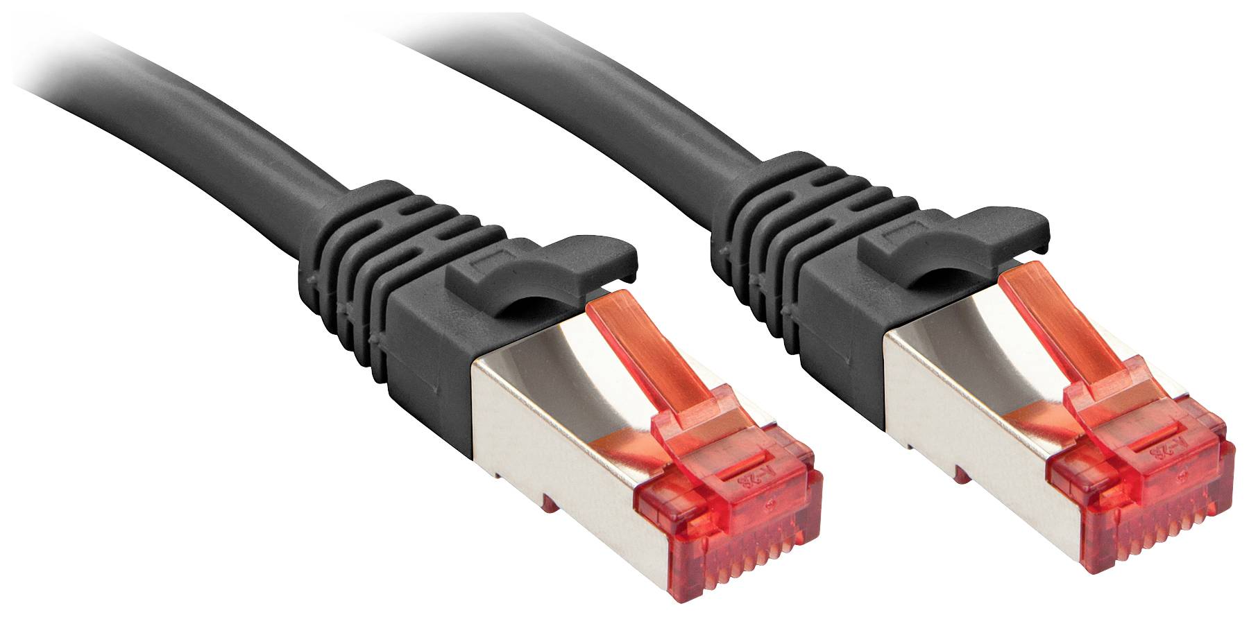 Zwei schwarze Netzwerkkabel mit roten Steckern liegen nebeneinander.