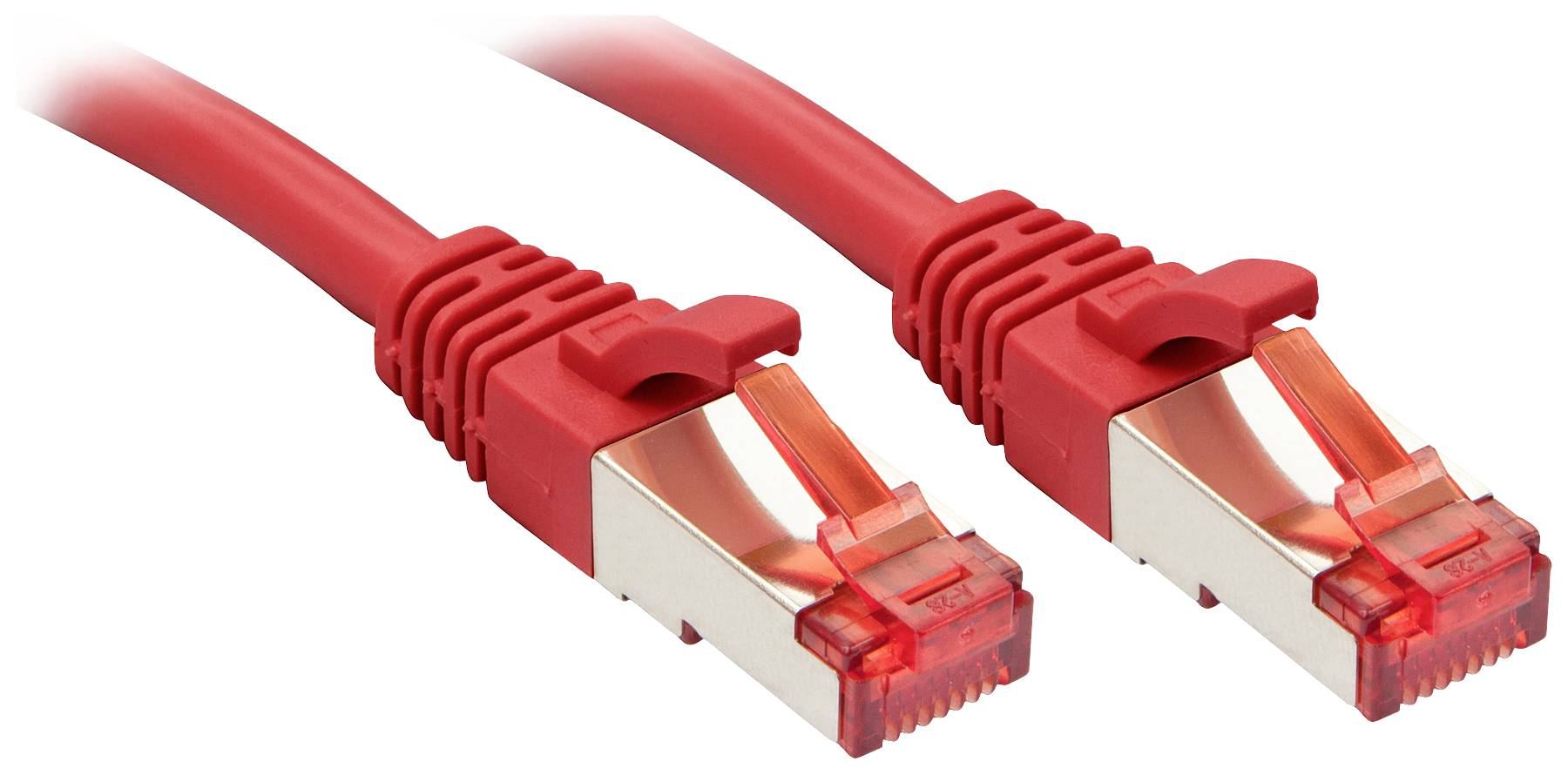 Zwei rote Ethernet-Kabel mit metallischen Steckern, geeignet für Netzwerkverbindungen.