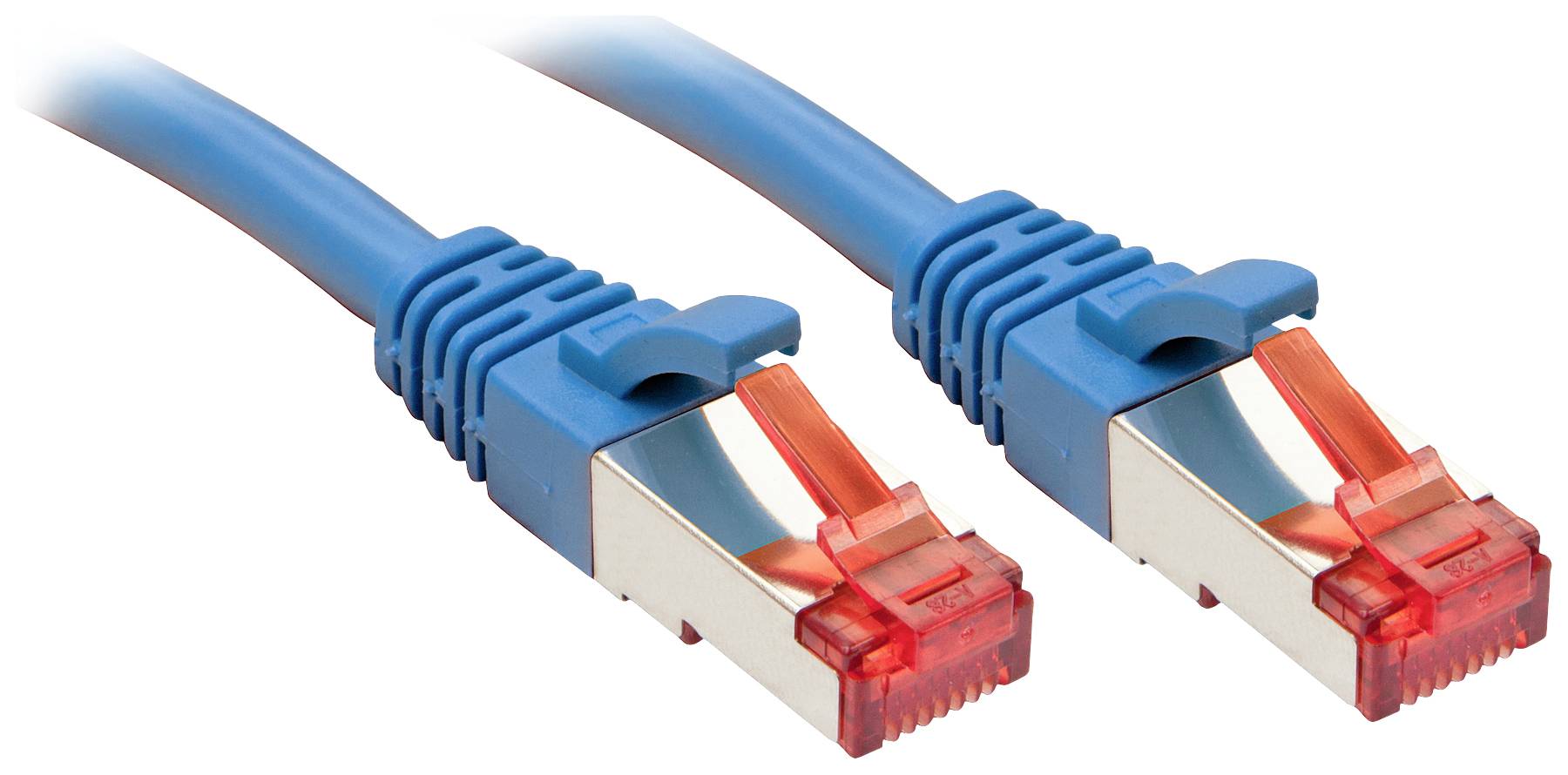 Zwei blaue Netzwerkkabel mit roten Steckern, die für Ethernet-Verbindungen verwendet werden.
