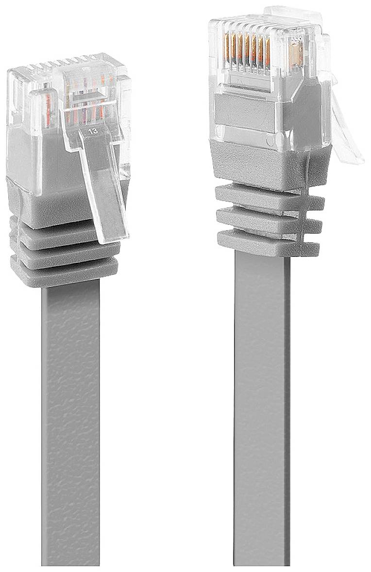 Zwei graue Ethernet-Kabel mit transparenten Steckern, bereit zur Verbindung in ein Netzwerkgerät.