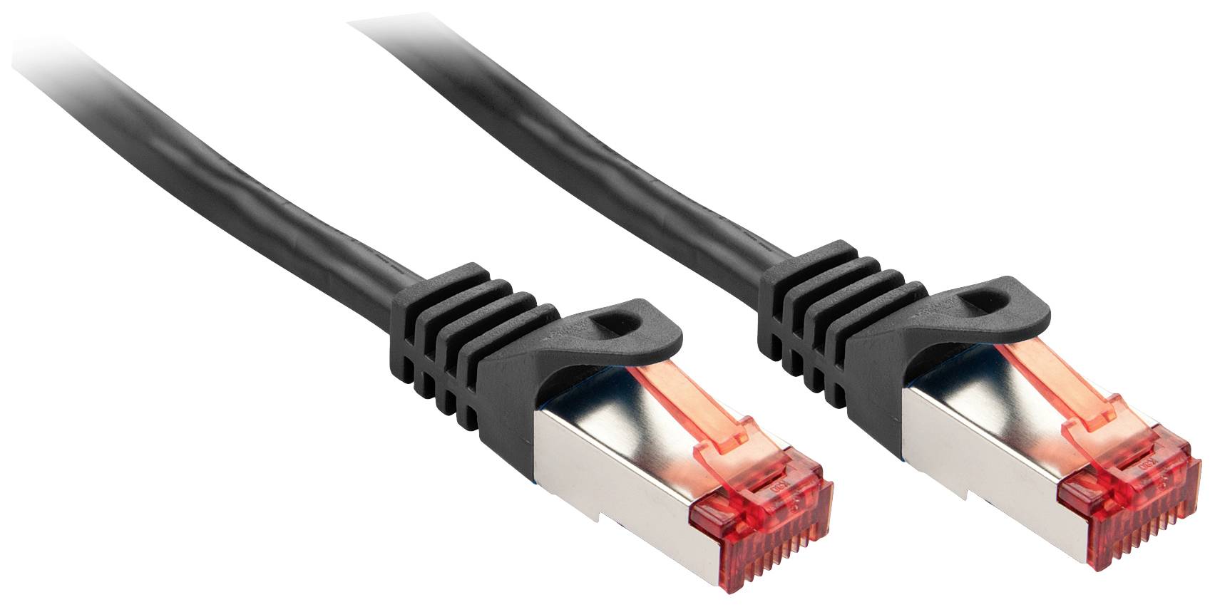 Zwei schwarze Netzwerkkabel mit roten, durchsichtigen Steckern, nebeneinander liegend, für Datenverbindungen.