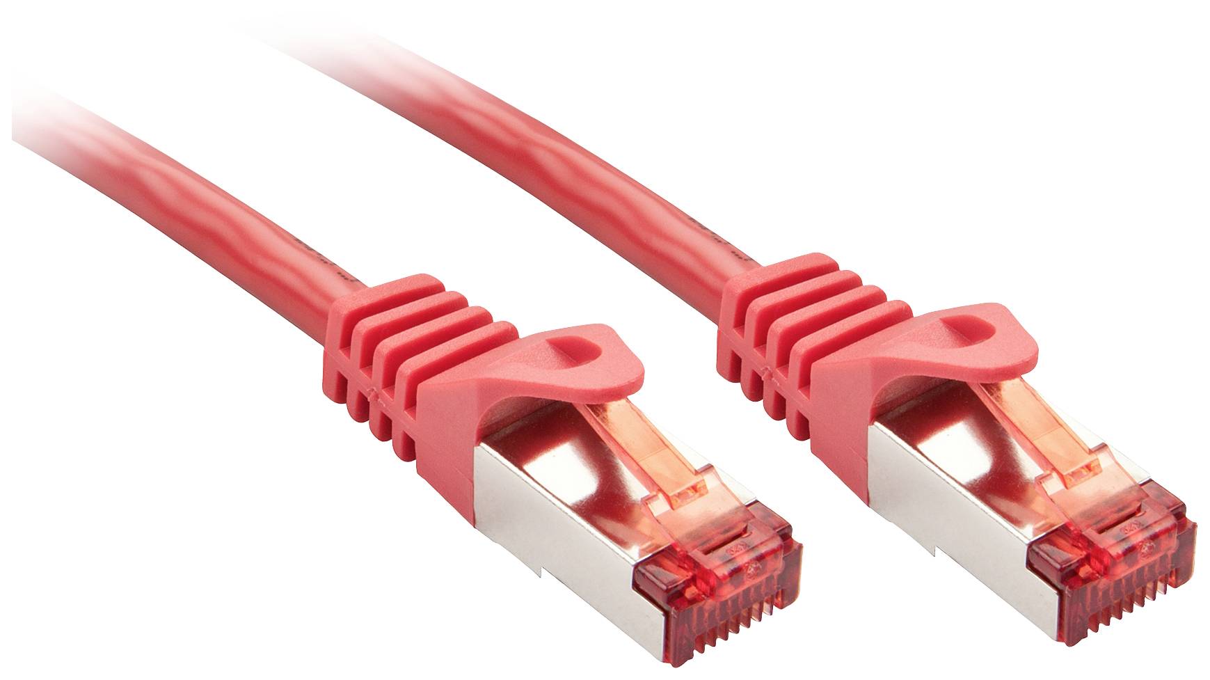 Zwei rote Ethernet-Kabel mit RJ45-Steckern zum Verbinden von Netzwerkgeräten.