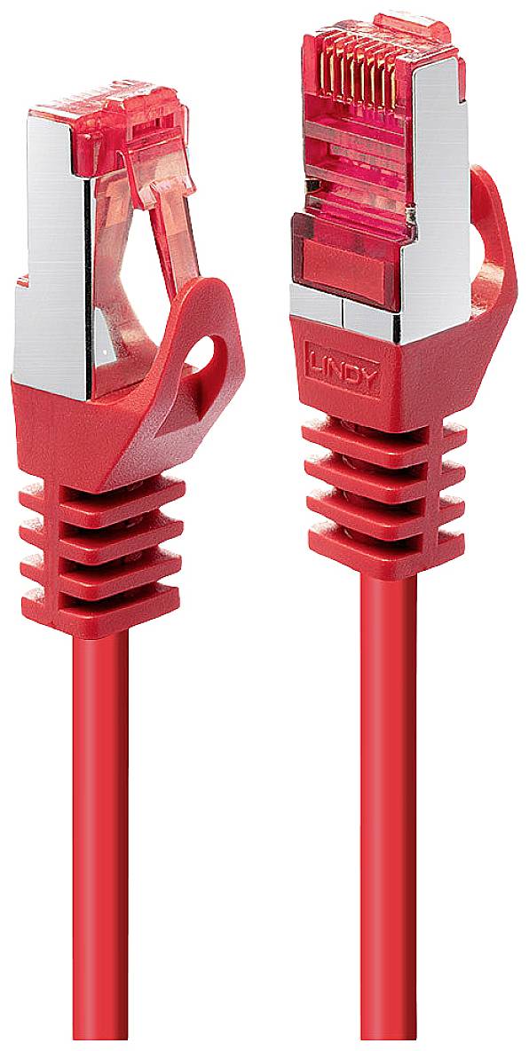 Rotes Netzwerkkabel mit RJ45-Steckern, geschlossen und geöffnet, für Ethernet-Verbindungen.