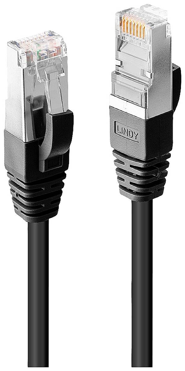 'Zwei schwarze Ethernet-Kabel mit RJ45-Steckern; eines zeigt die Kontakte, das andere den Schriftzug 'Lindy' auf dem Stecker.'