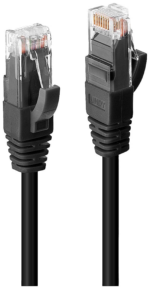 Zwei schwarze Ethernet-Kabel mit transparenten Steckern, zeigen die Pins und Kunststoffabdeckungen.
