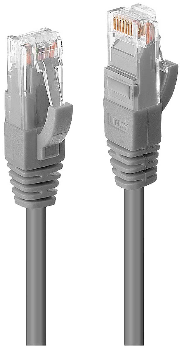Zwei graue Ethernet-Kabelstecker nebeneinander mit durchsichtigen Kunststoffenden, zeigen die internen Kabeladern.