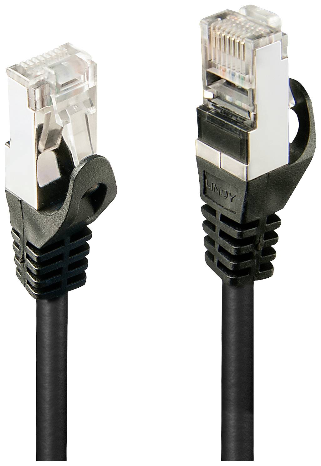 Ein schwarzes Ethernet-Kabel mit zwei transparenten RJ45-Steckern, die eine schnelle Datenübertragung ermöglichen.