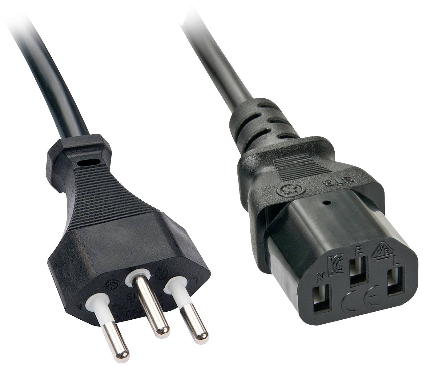 Schwarzes Netzkabel mit einem Eurostecker auf der linken Seite und einem C13-Stecker auf der rechten Seite.