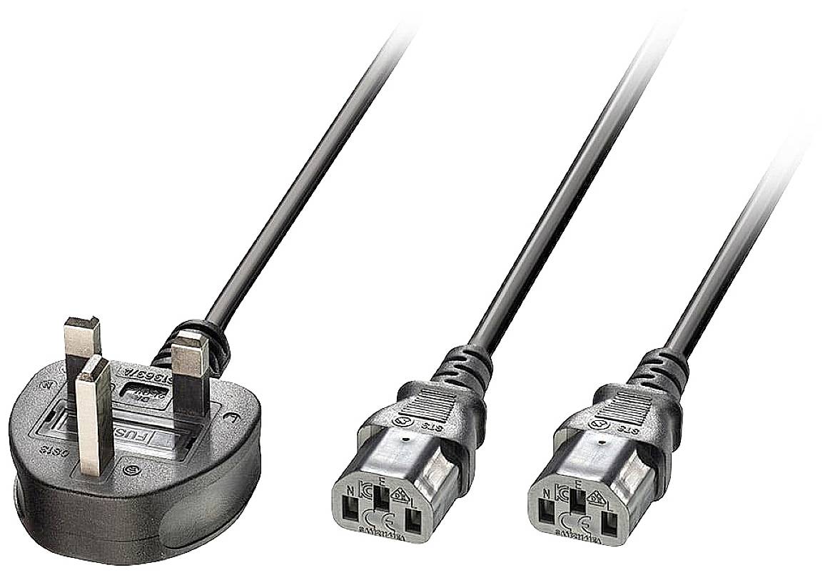 LINDY Strom Y-Kabel [1x UK-Stecker - 2x Kaltgeräte-Buchse C13] 2.50 m Schwarz