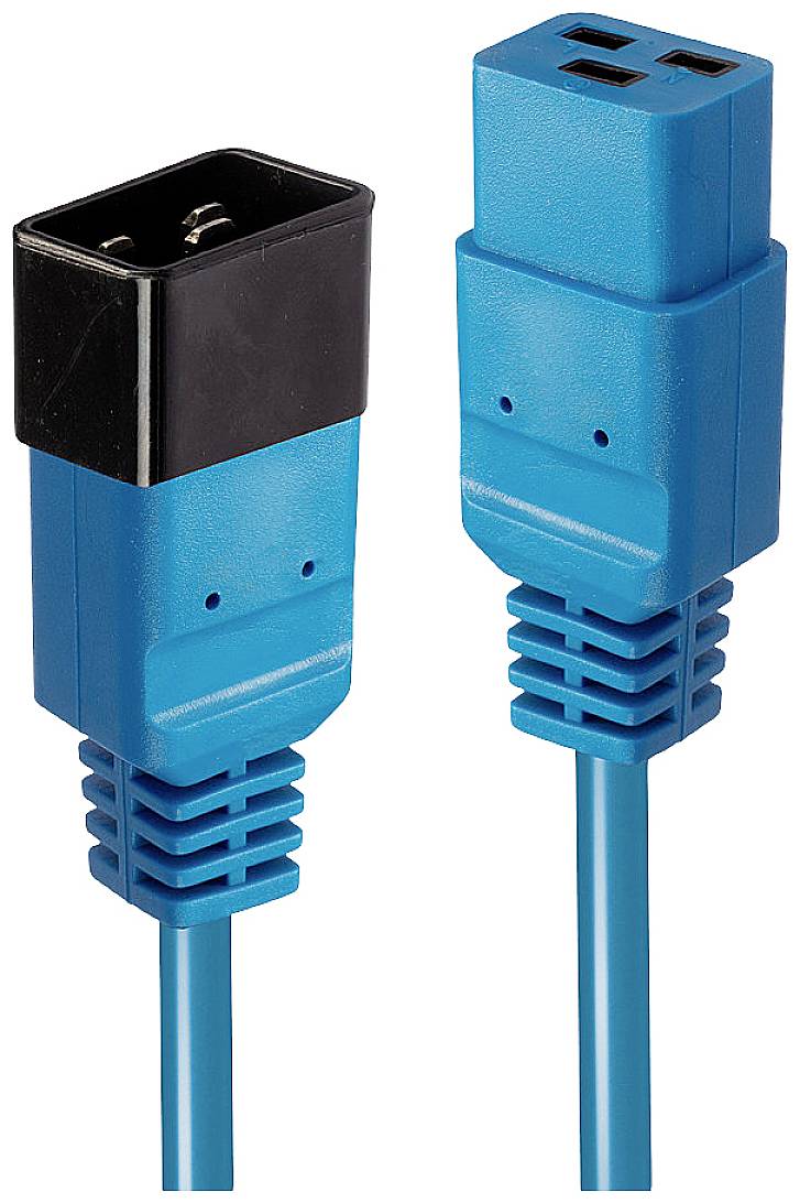 Zwei blaue Stromkabel mit männlichen und weiblichen Steckern. Der männliche Stecker hat zwei flache Stifte, die weibliche Aufnahme zwei Einlässe.