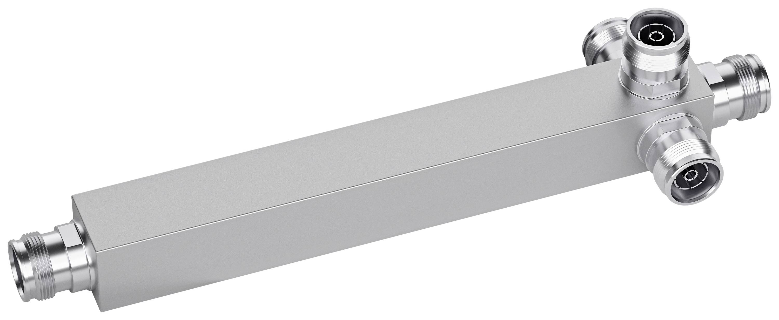 Metallisches Bauteil mit mehreren Anschlüssen an den Enden, offenbar ein technisches Verbindungsstück, möglicherweise ein Verteiler.