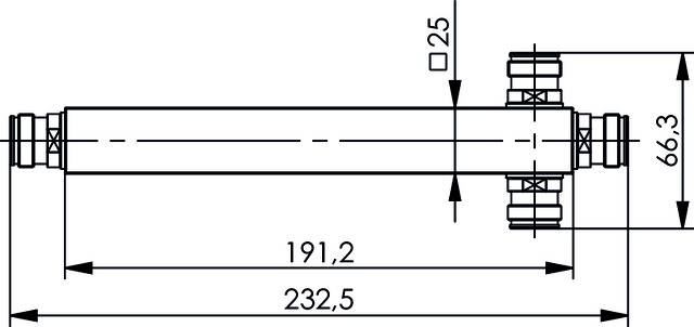Technische Zeichnung eines Rohrs mit Anschlüssen und Bemaßungen. Gesamtlänge 232,5 mm, Durchmesser 66,3 mm, Anschlussabstand 25 mm.