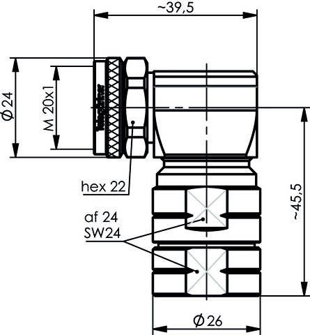 Technische Zeichnung eines rechtwinkligen Rohrs mit Maßen: Gesamtlänge ca. 39,5 mm, Durchmesser 24 mm, Anschluss M 20x1.