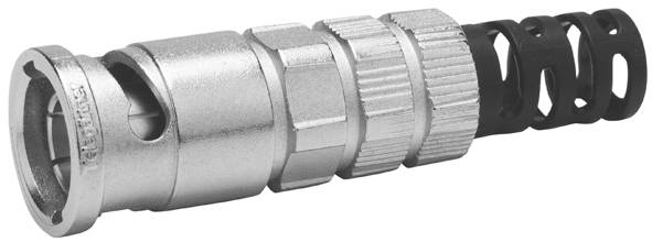 Ein metallener Koaxialstecker, bestehend aus mehreren Abschnitten mit geriffelten und glatten Oberflächen.