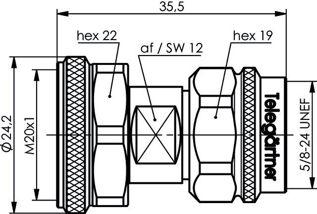 Technische Zeichnung eines Steckers mit Maßen: 35,5 mm Länge, Gewinde M20x1, Sechskantmaße hex 22 und hex 19, markiert af/SW 12.