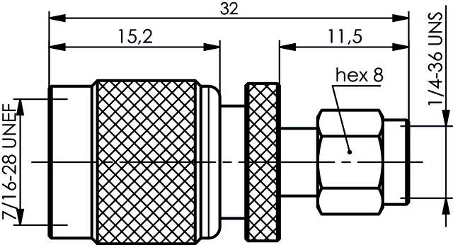 Technische Zeichnung eines Metallanschlusses mit Maßen: Gesamtlänge 32 mm, Außendurchmesser 15,2 mm, Gewinde 1/4-36 UNS, Sechskant 8 mm.