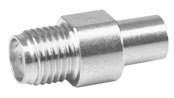 Ein Metallverbinder mit Gewinde auf einer Seite und einem zylindrischen Stecker auf der anderen, auf hellem Hintergrund.