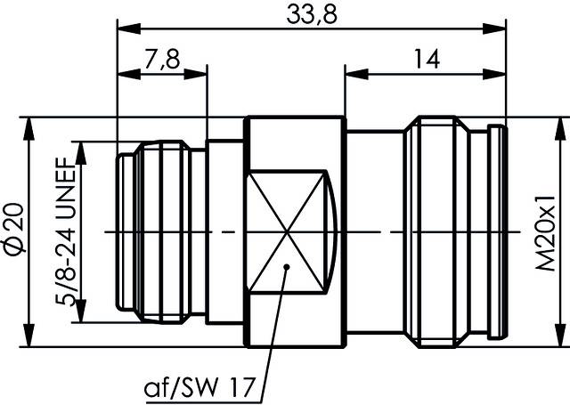 Technische Zeichnung eines zylindrischen Verbindungsstücks mit Maßen und Gewindeangaben: 33,8 Länge, M20x1 Gewinde, 5/8-24 UNEF.
