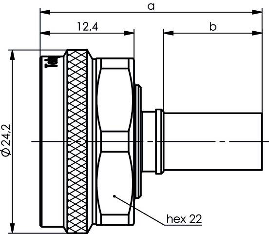 Technische Zeichnung eines Ventils mit sechseckiger Mutter ('hex 22'), Durchmesser 24,2 und Längen 12,4, a und b gekennzeichnet.