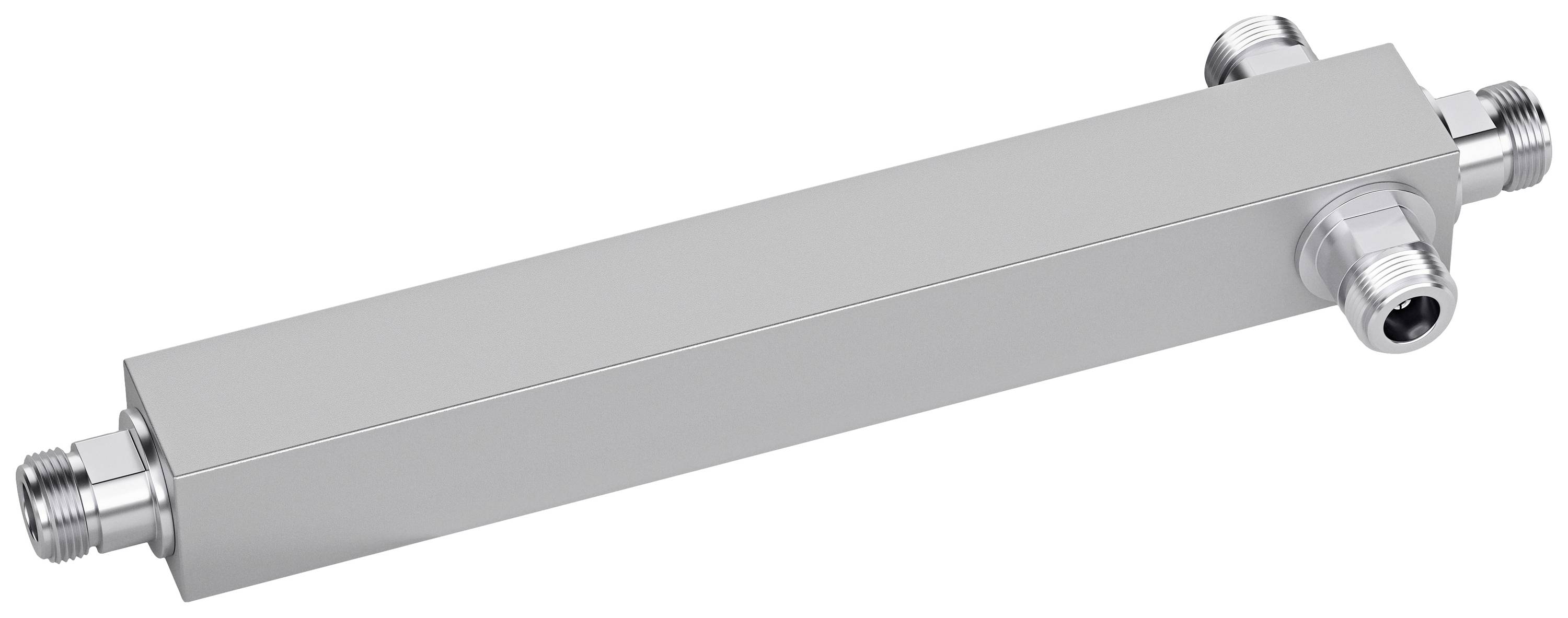 Metallischer Wärmetauscher mit vier Anschlüssen, plattenförmig, eingesetzt in Heiz- oder Kühlsysteme zur Energieübertragung.