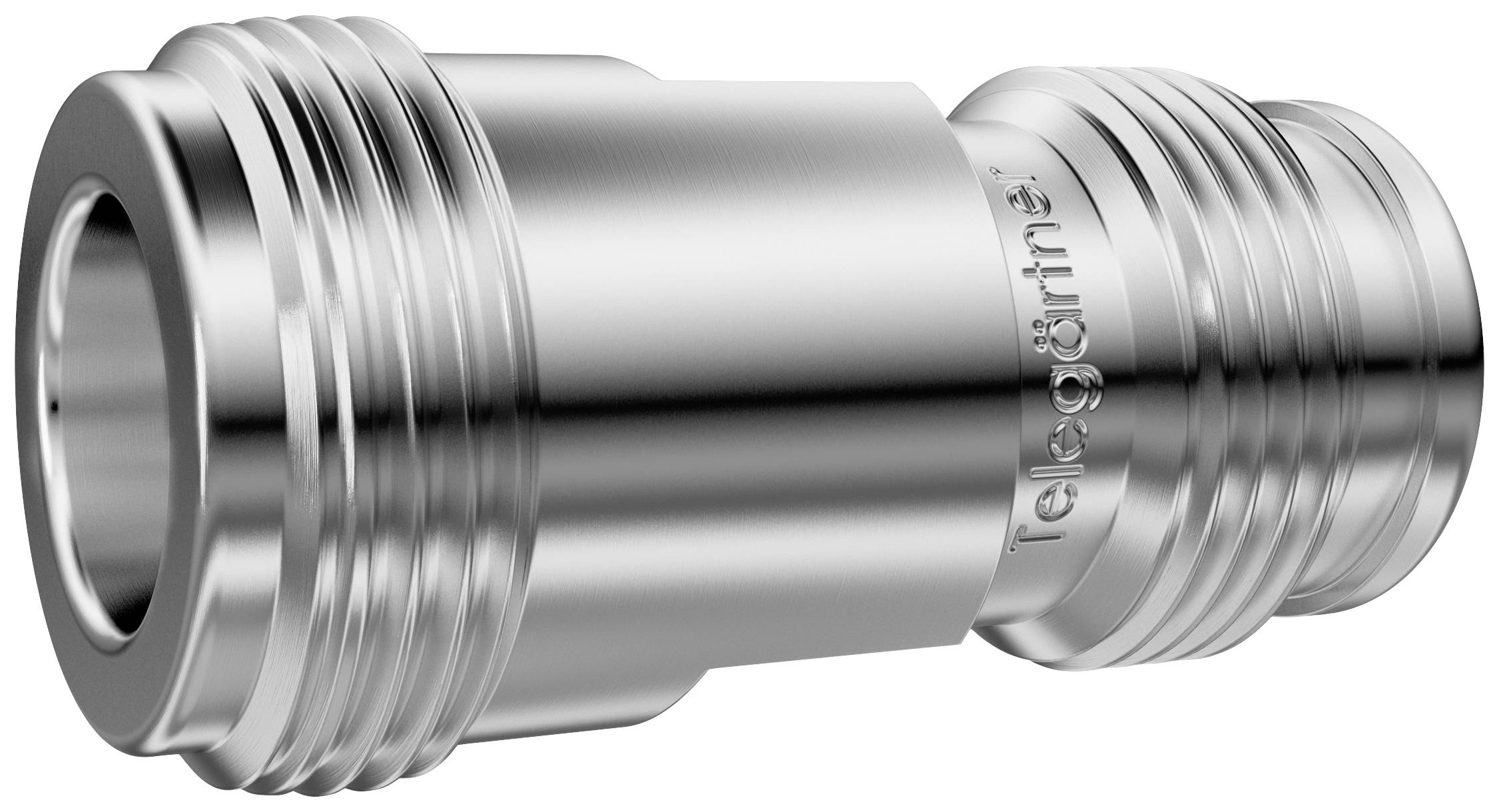 Metallverbindungsteil in zylindrischer Form, möglicherweise ein Rohrverbinder oder Adapter, mit Gewinden an beiden Enden.