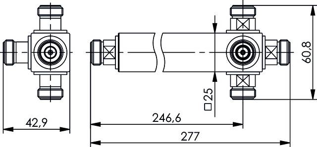Technische Zeichnung eines hydraulischen Bauteils mit Abmessungen. Zu sehen sind seitliche und frontale Ansichten mit Maßangaben.
