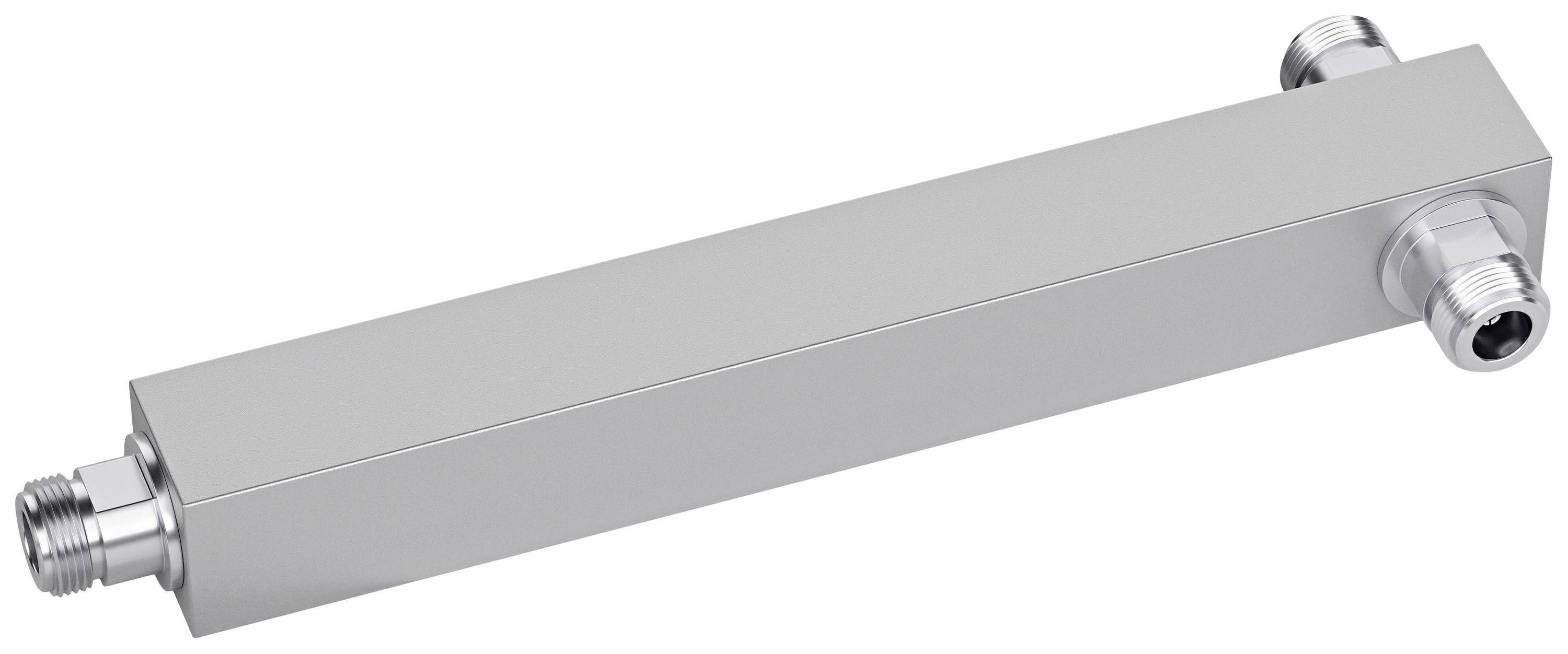 Ein länglicher, rechteckiger Metallblock mit Anschlüssen an beiden Enden, vermutlich ein industrielles Verbindungsstück oder Adapter.