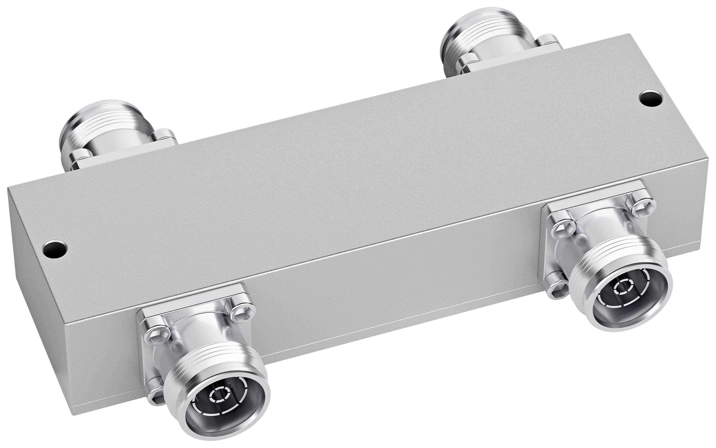 Metallischer RF-Splitter mit vier Anschlüssen, geeignet zur Signalverteilung in Funkkommunikationssystemen.