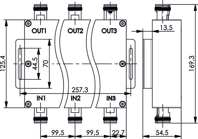 Abbildung eines elektrischen Verteilungssystems mit drei Eingängen (IN1, IN2, IN3) und drei Ausgängen (OUT1, OUT2, OUT3), inklusive Maßangaben.