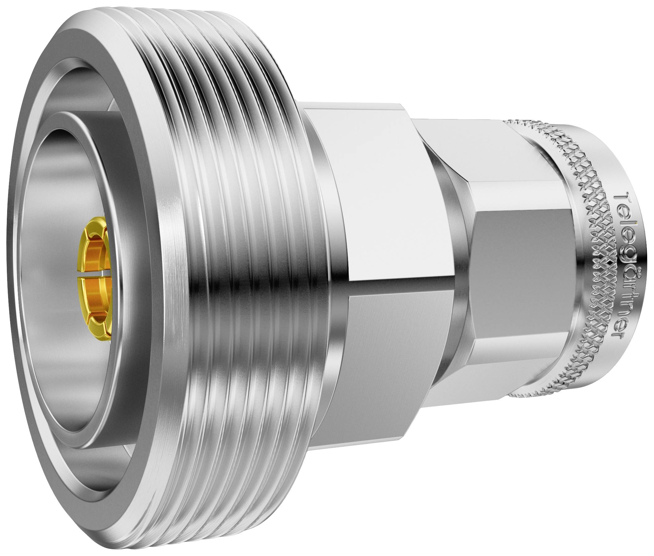 Ein silberner Metallstecker mit Rillen und einem orangefarbenen Glas- oder Kunststoffelement in der Mitte. Möglicherweise ein technisches Bauteil.