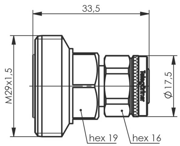 Technische Zeichnung eines Sechskantventils. Maße: Länge 33,5 mm, Durchmesser 17,5 mm. Gewinde: M29x1,5. Sechskantgrößen: 19 mm, 16 mm.