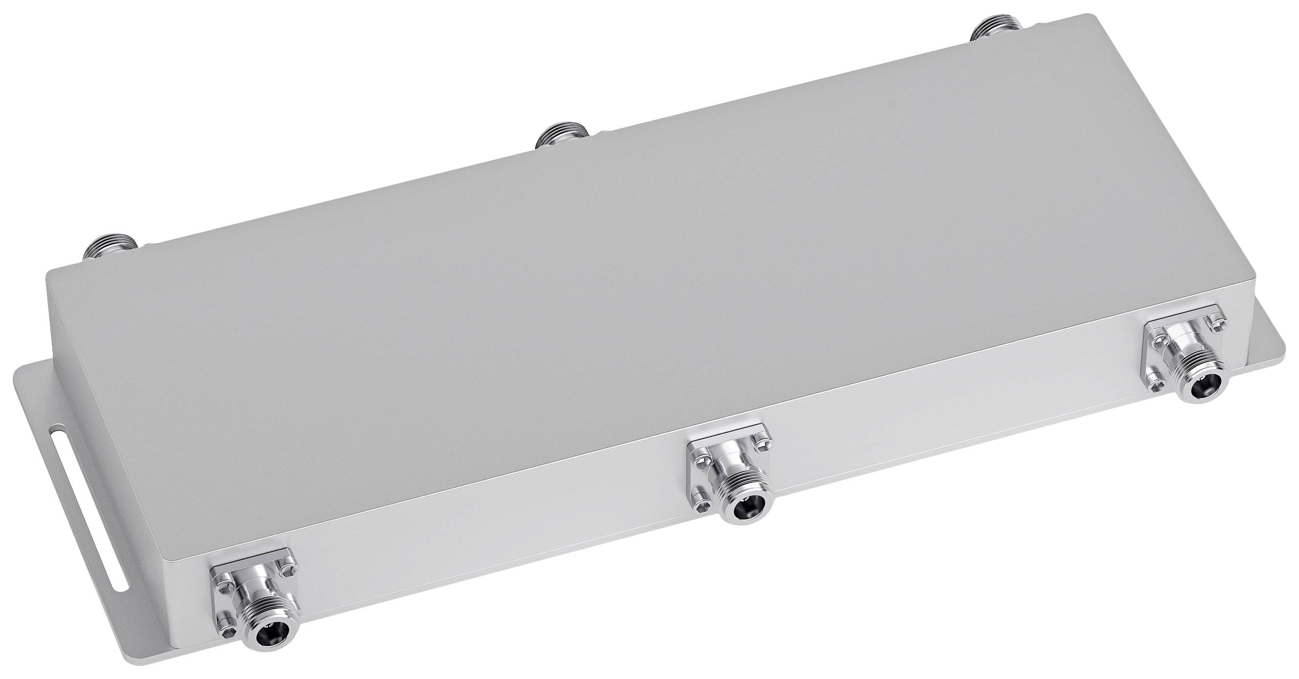 Rechteckiges, graues Metallgehäuse mit vier Anschlüssen, genutzt zur Verbindung oder Verteilung elektrischer oder mechanischer Systeme.