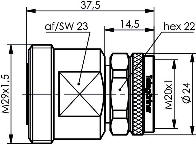 Technische Zeichnung eines Adapters mit Maßen: Länge 37,5 mm, Gewinde M29x1,5 und M20x1, Durchmesser 24 mm, Schlüsselweite 23 mm.