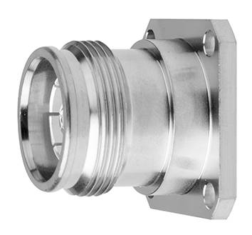 Ein metallischer Koaxialstecker mit Flansch, fünf Löchern für die Montage, geeignet für industrielle Anwendungen oder Verbindungen.