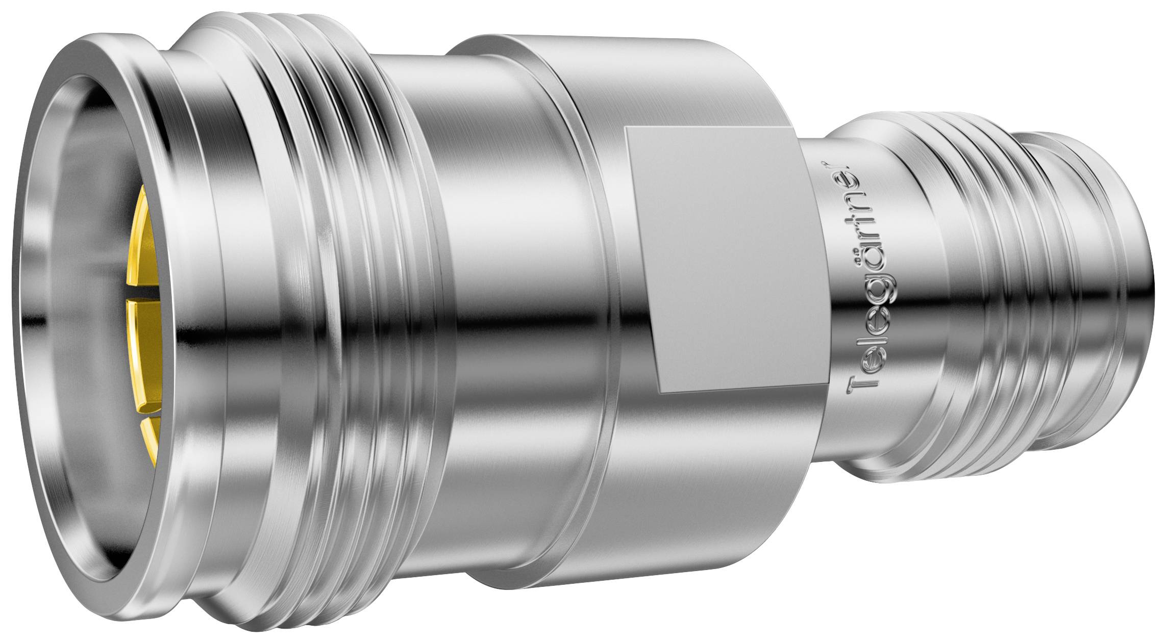 Metallischer Adapter mit Gewinden an beiden Enden, zylindrische Form, reflektierende Oberfläche. Gedacht für technische oder mechanische Anwendungen.
