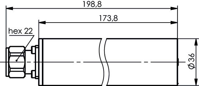 Technische Zeichnung eines zylindrischen Objekts, Länge 198,8 mm, Durchmesser 36 mm, Sechskant 22 mm, Innenlänge 173,8 mm.