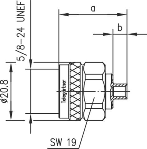 Technische Zeichnung eines Steckverbinders mit Gewinde 5/8-24 UNEF, Durchmesser 20,8 mm, SW 19, und Maße a und b. Marke: Telegärtner.