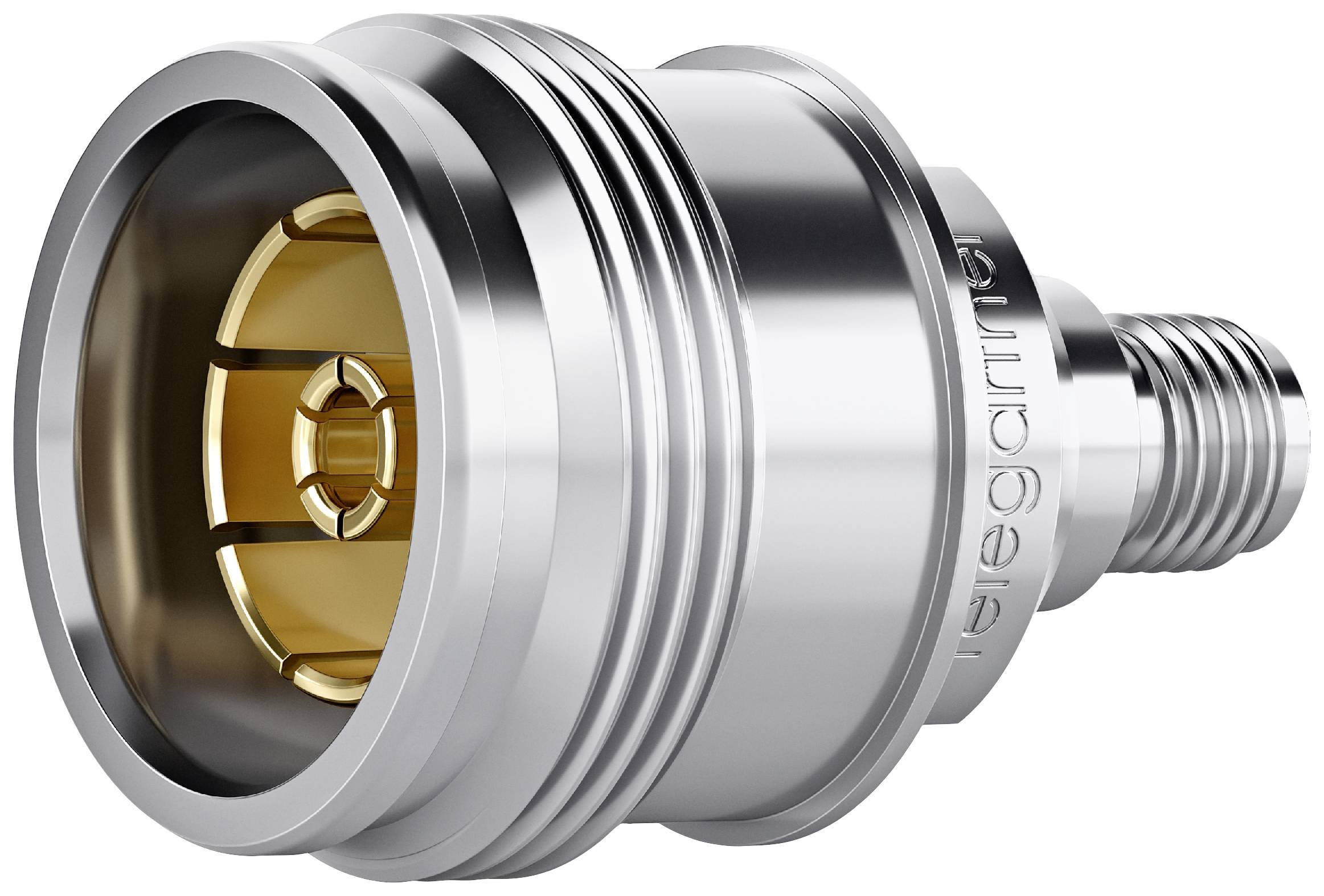 Metallischer Koaxialstecker mit Schraubgewinde und goldener Innenverbindung.