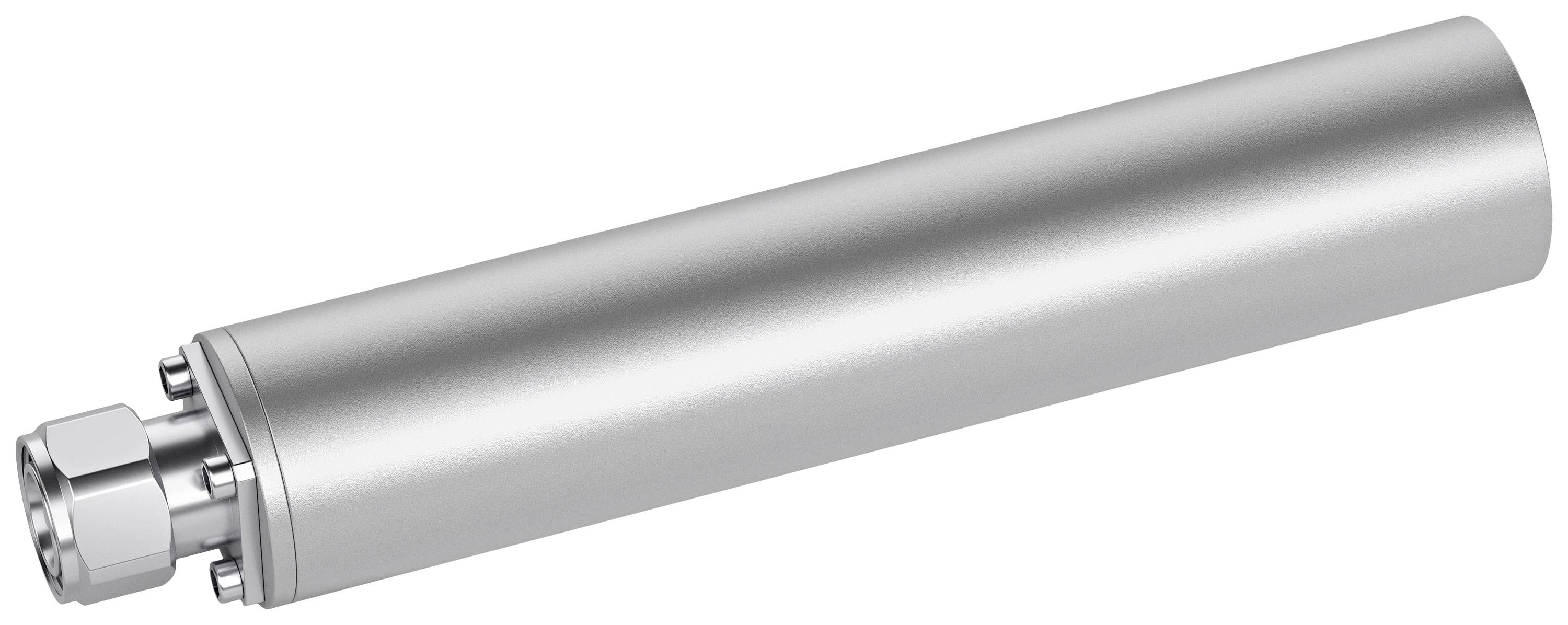 Silberner zylindrischer Metallbehälter mit Anschlüssen auf einer Seite, wahrscheinlich ein technisches Gerät.