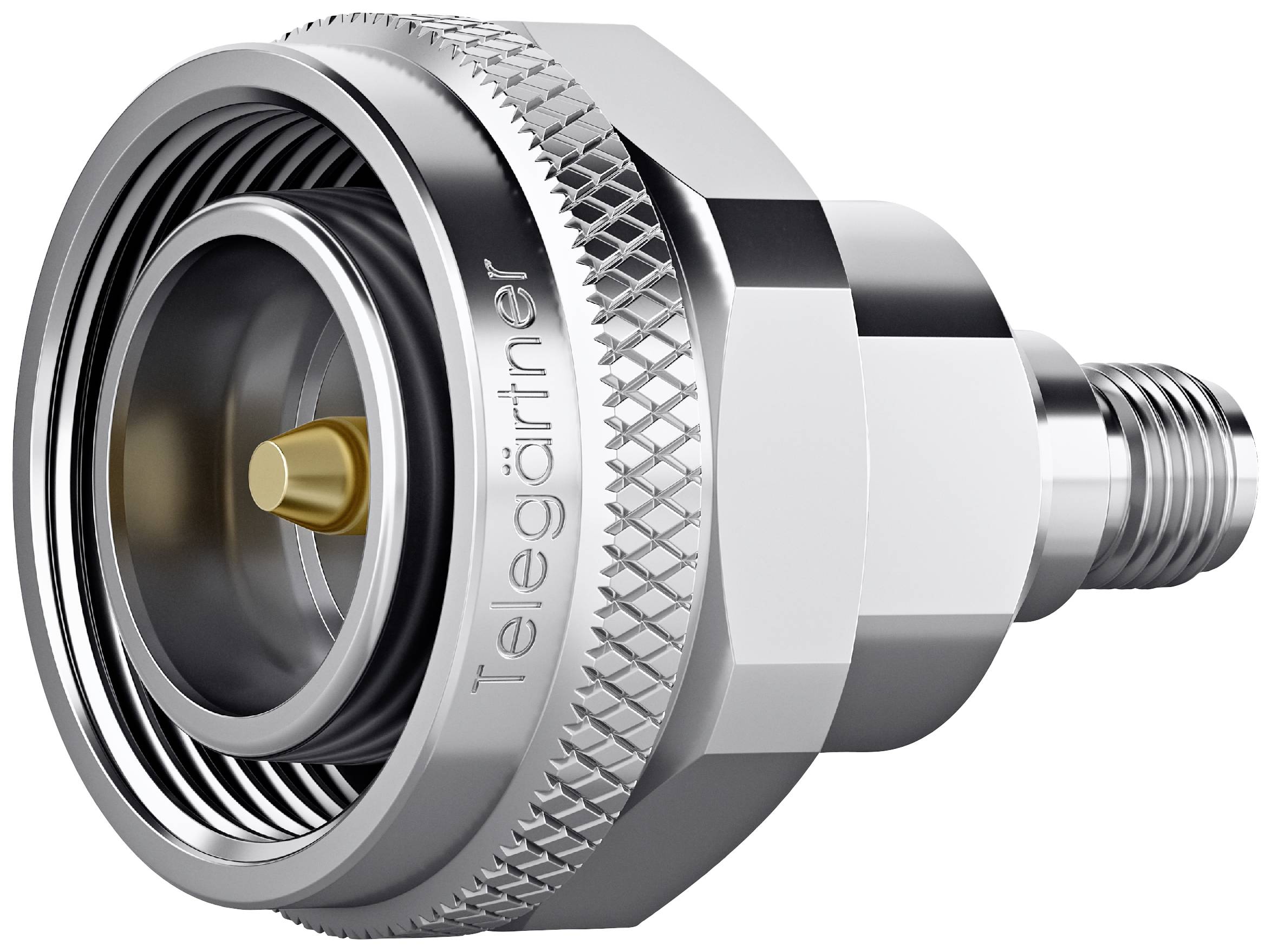 Hochwertiger Metallstecker mit Schraubgewinde, signalisiert durch die gravierte Marke 'Telegärtner', geeignet für Verkabelungen.