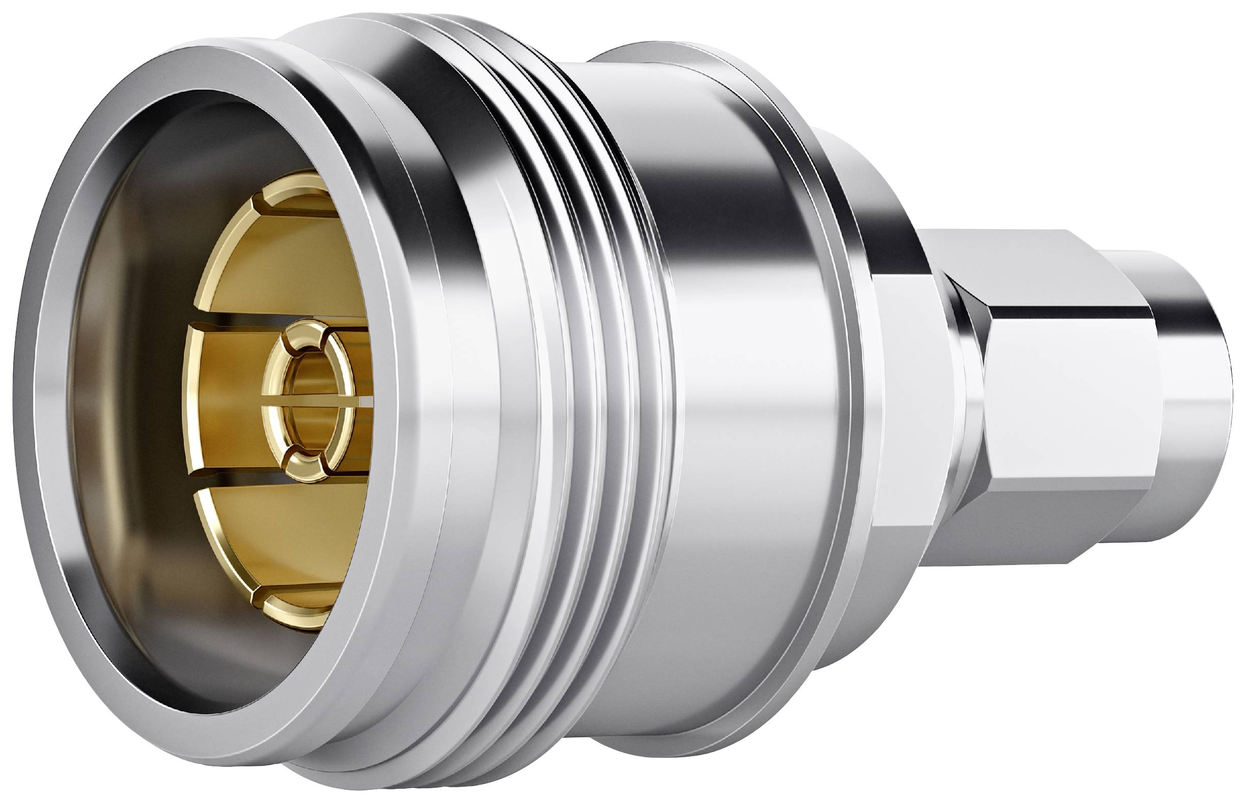 Metallischer Stecker mit glatter Silberoberfläche und goldfarbenem Innenring.