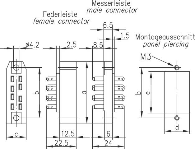 Technische Zeichnung eines Steckverbinders mit Maßen und Beschriftungen in Millimetern: Federleiste, Messerleiste, Montageausschnitt.